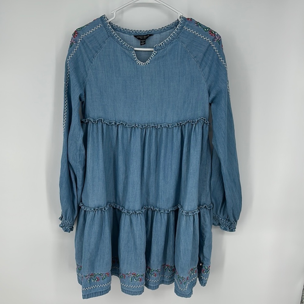 Size XL Lucky Brand Girls Embroidered Cotton Dress Blue Long Sleeve L14 - Picture 1 of 7